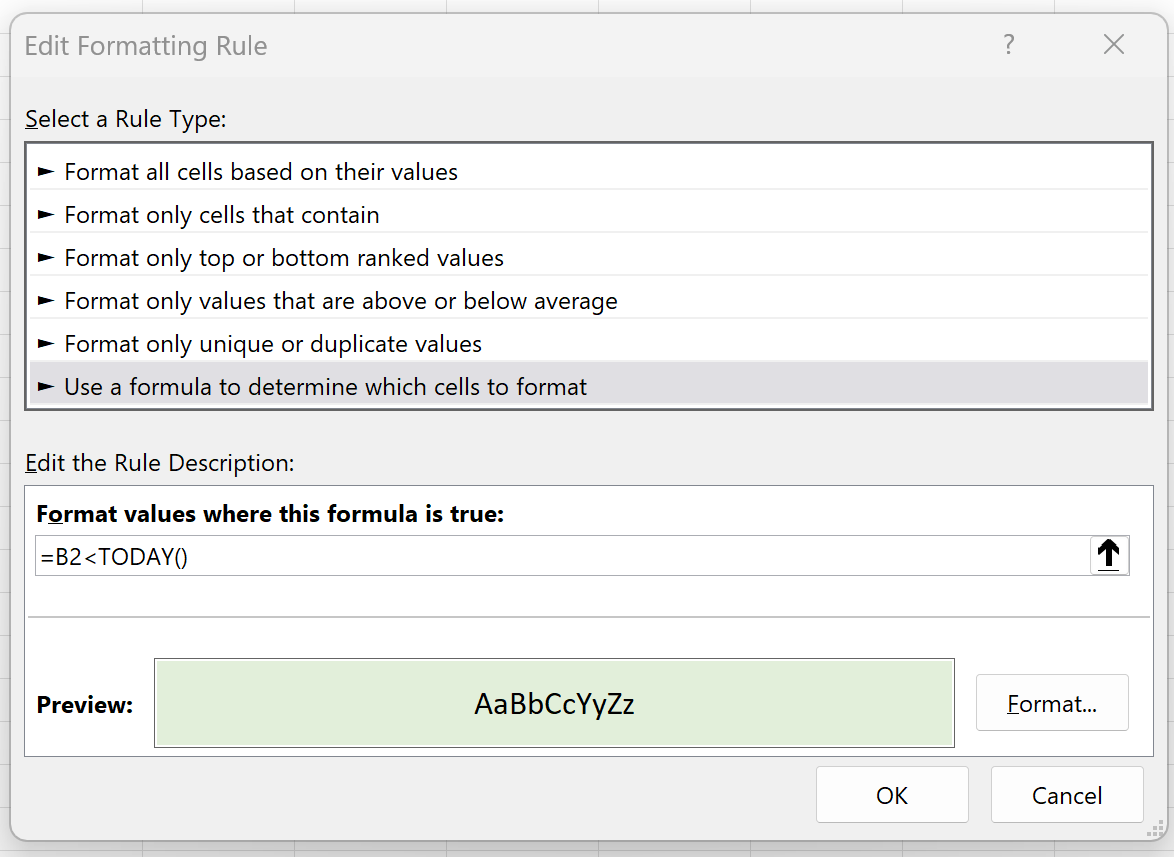 before2-1 Excel conditional formatting if date is before today