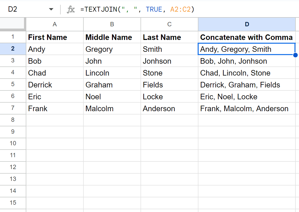 cc2 Google Sheets concatenate cells with comma