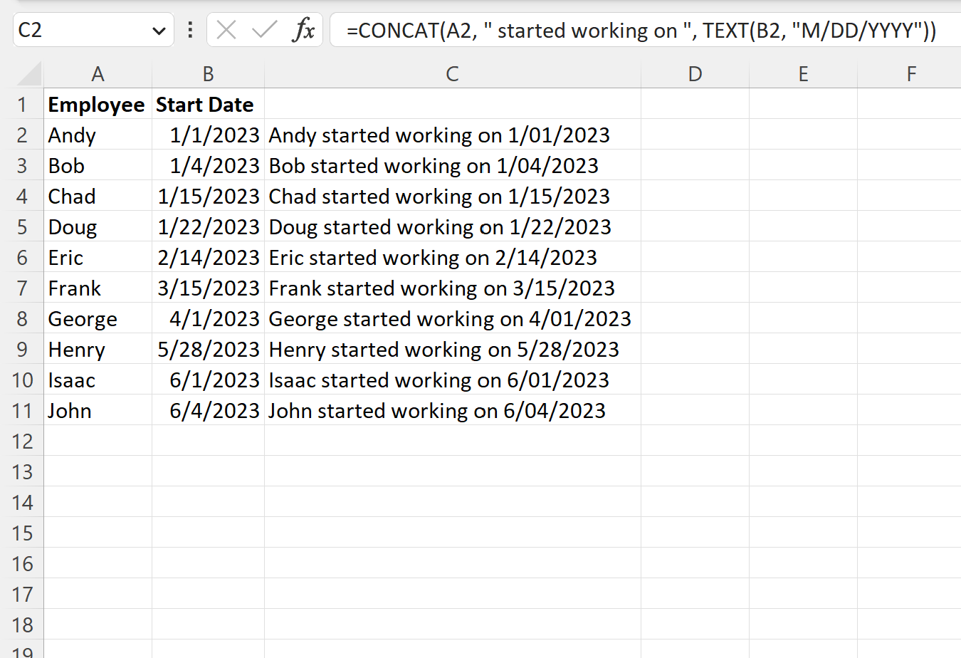 Excel concatenate text and date