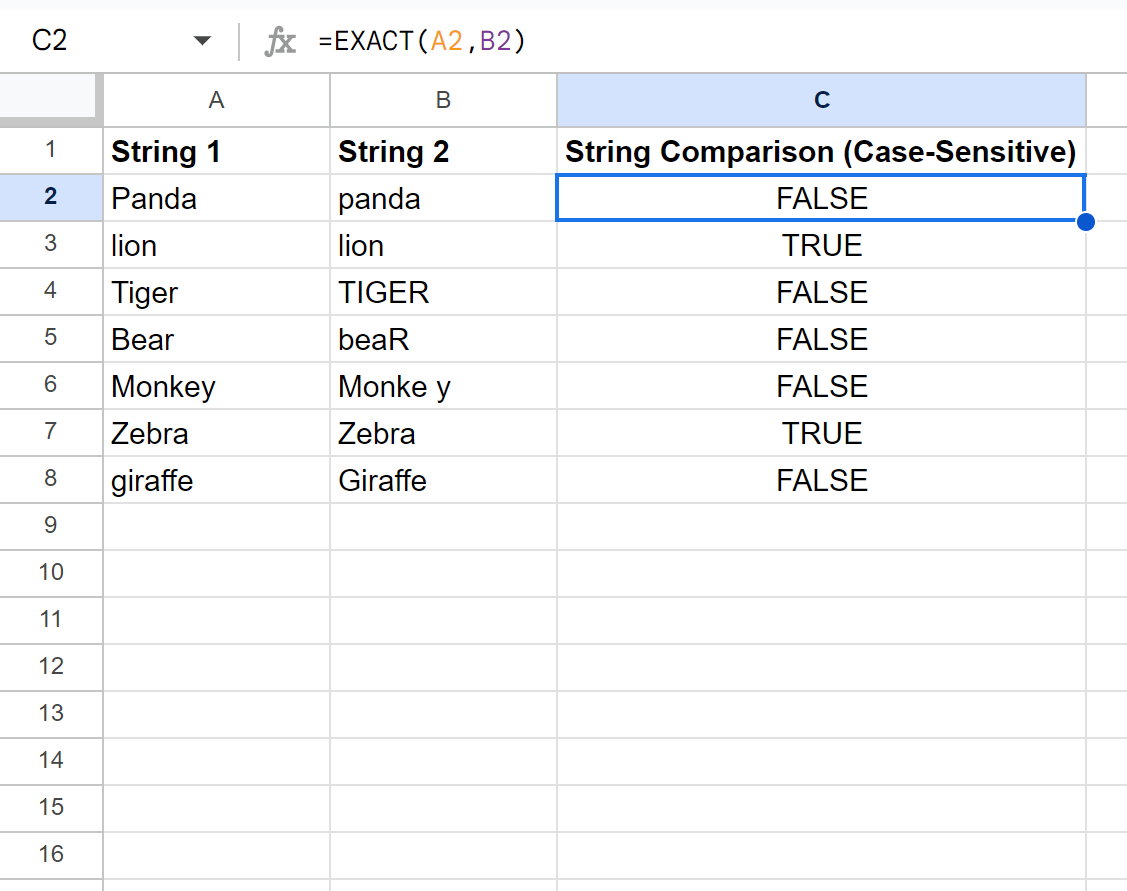 comp2 compare strings in Google Sheets