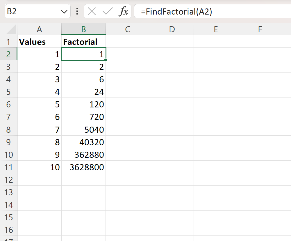 facto2 factorial function in VBA