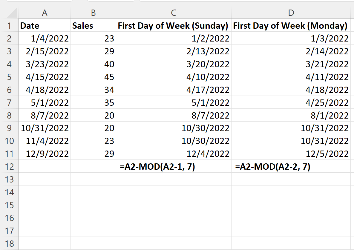 How To Get First Day Of The Week In Excel