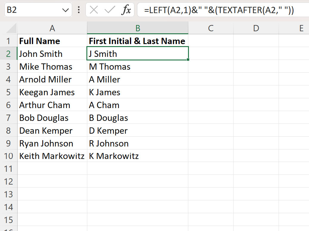 Excel extract first initial and last name