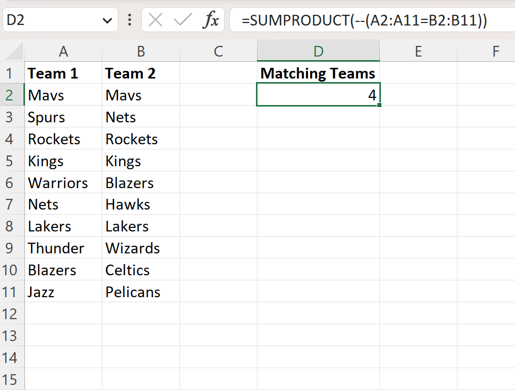 mat2 Excel count matches between two columns