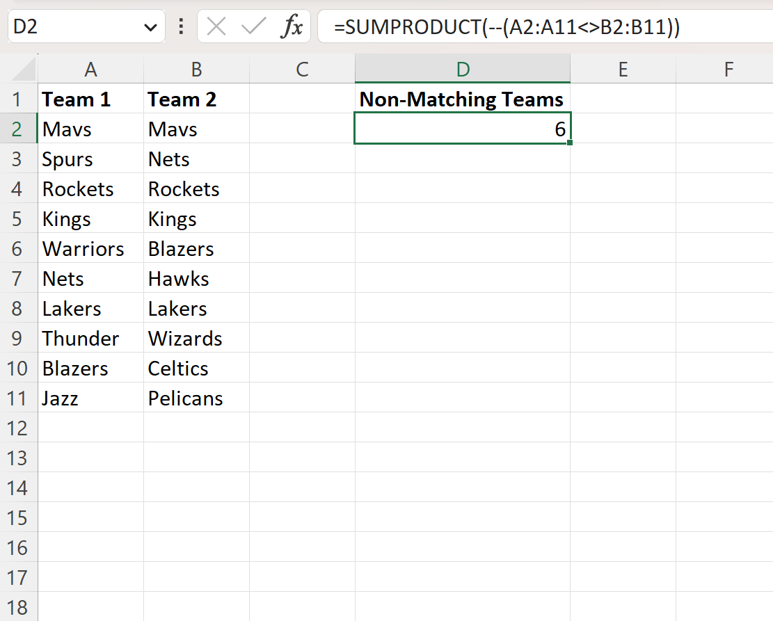 mat4 Excel count non-matches between two columns
