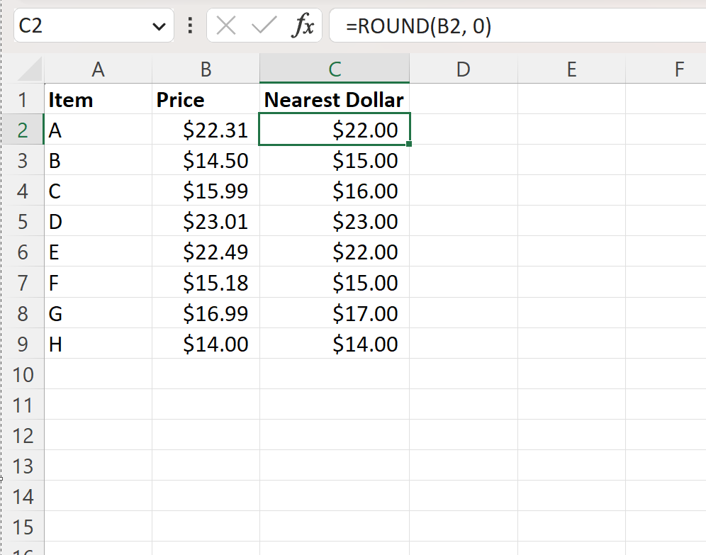 nd2 Excel round to nearest dollar