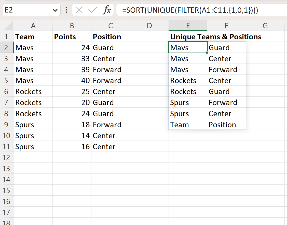 nona2 Excel UNIQUE with non-adjacent columns