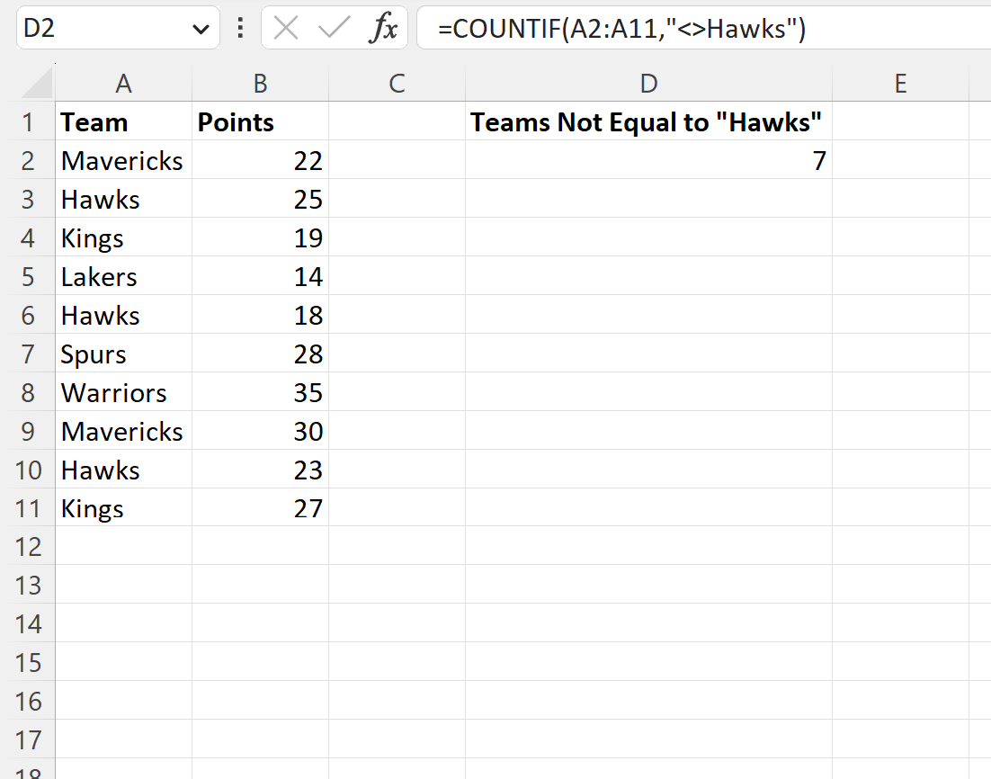 note2 Excel COUNTIF not equal to text