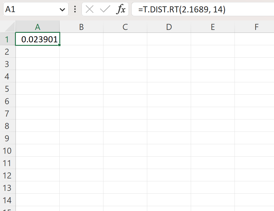 p-value for right-tailed test in Excel