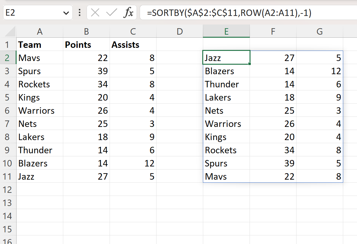 Excel reverse order of rows