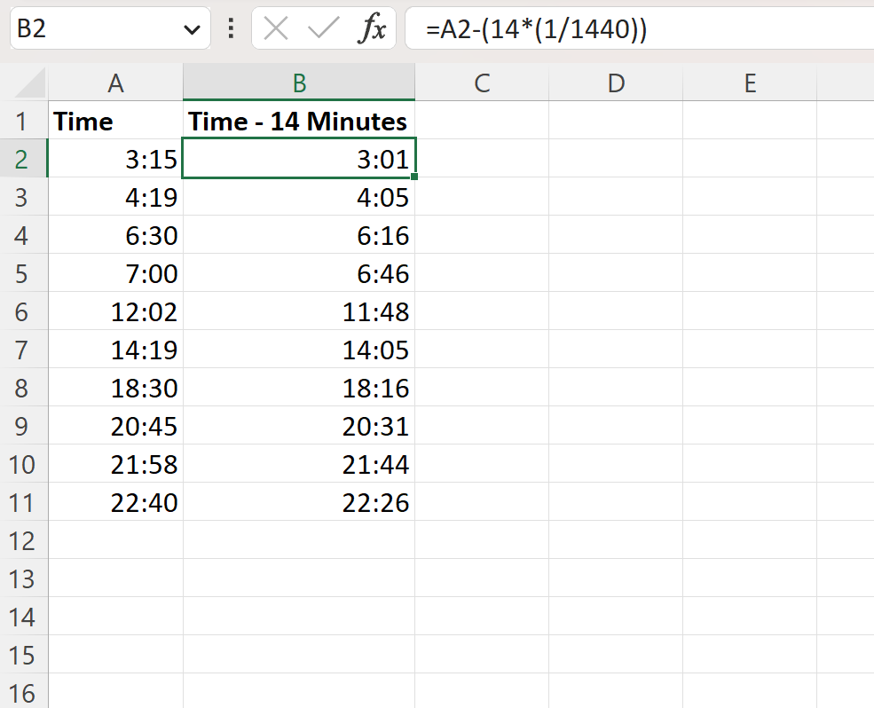 submin2 Excel subtract minutes from time using math formula