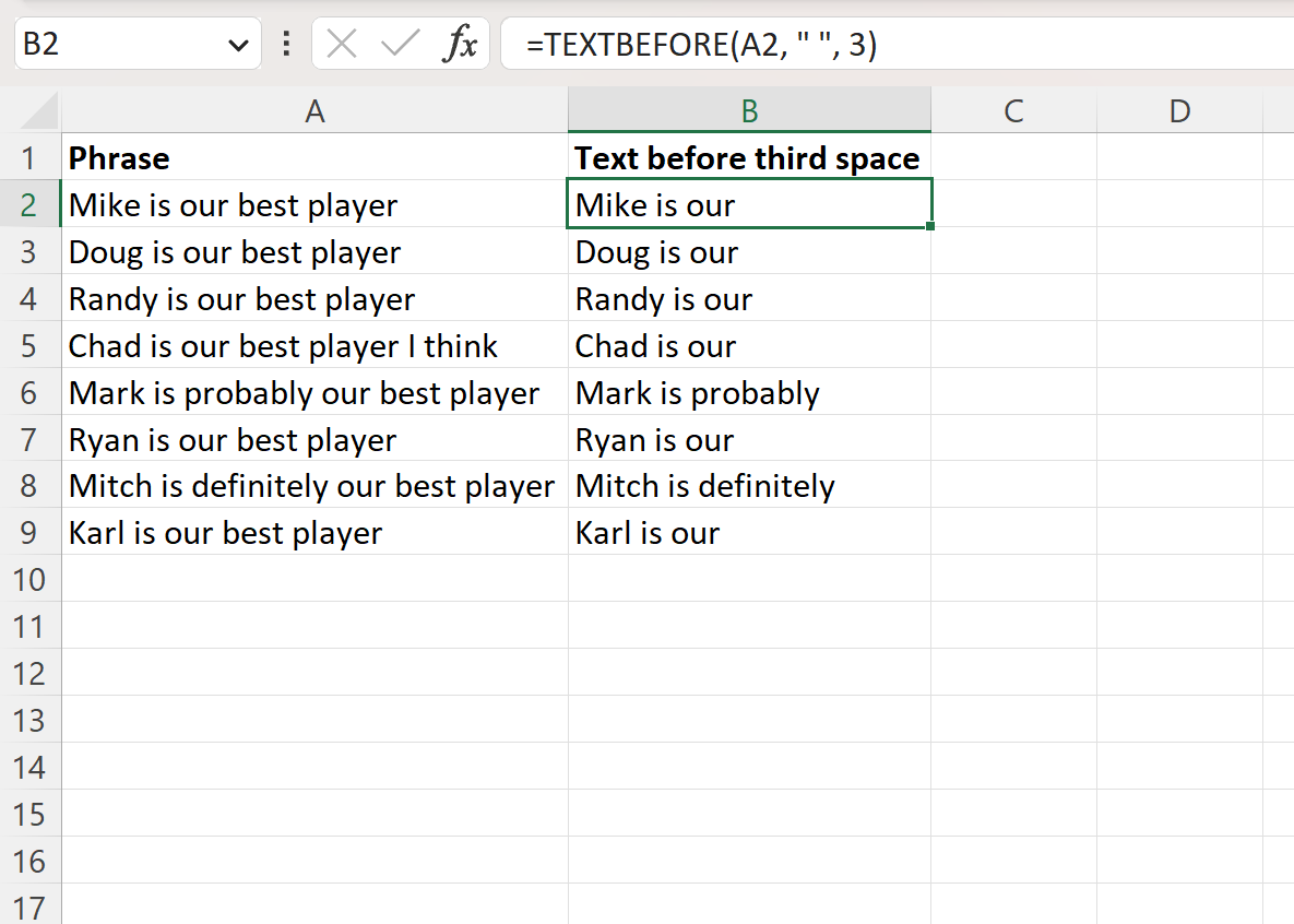 tb4 Excel extract text before nth space using TEXTBEFORE function