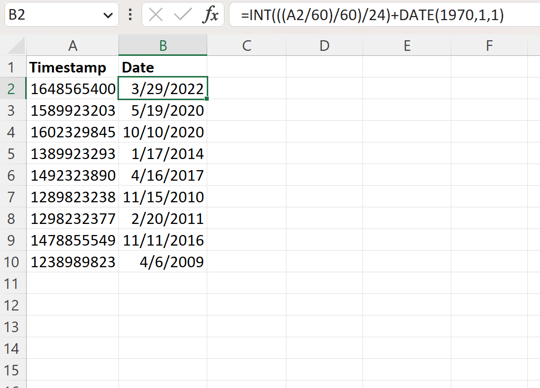 tt2 Excel convert UNIX timestamp to date