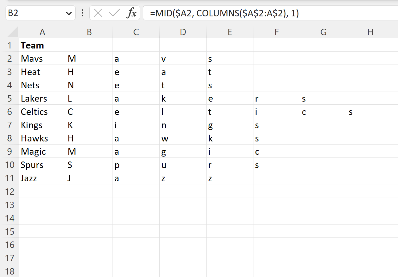 wordl2 Excel split word into letters