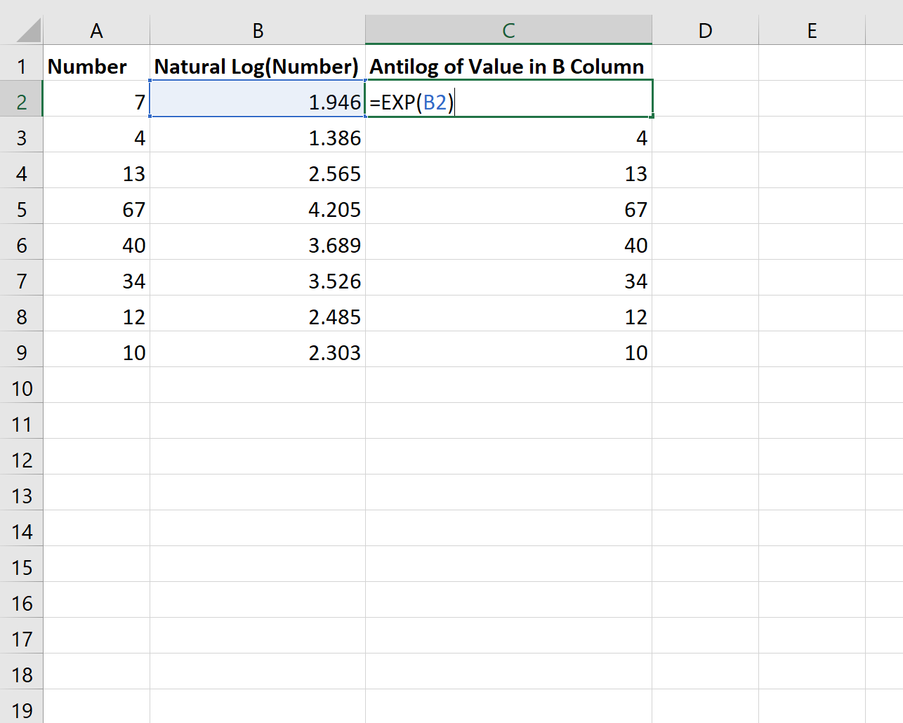 antilog4 Antilog in Excel for natural logarithm