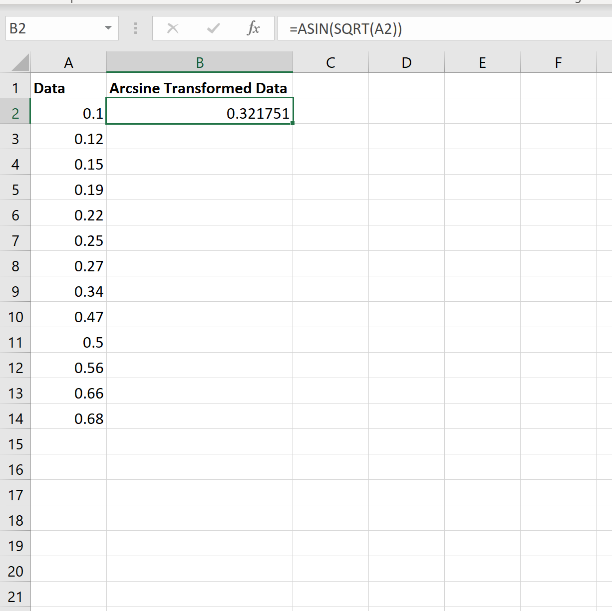 arc2 Arcsine transformation in Excel
