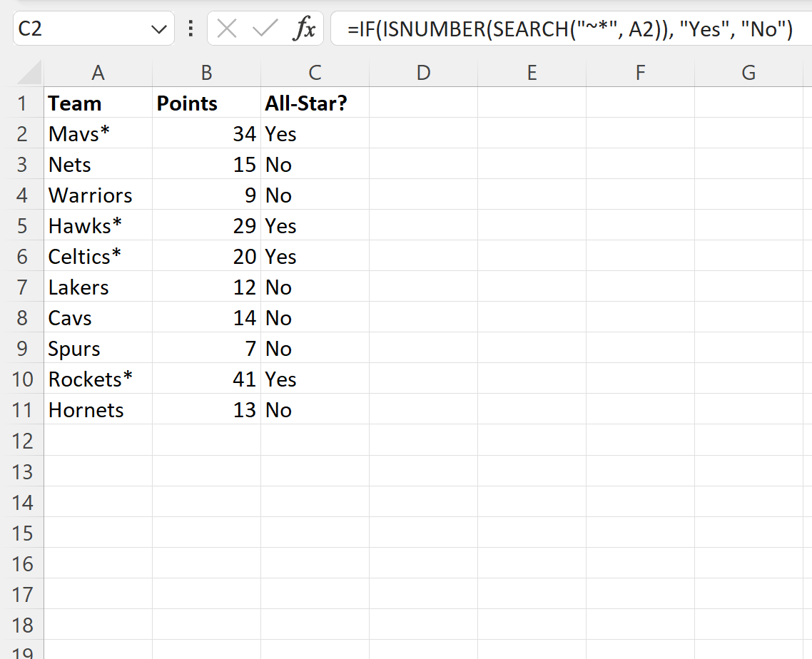 Excel search for asterisk in cell