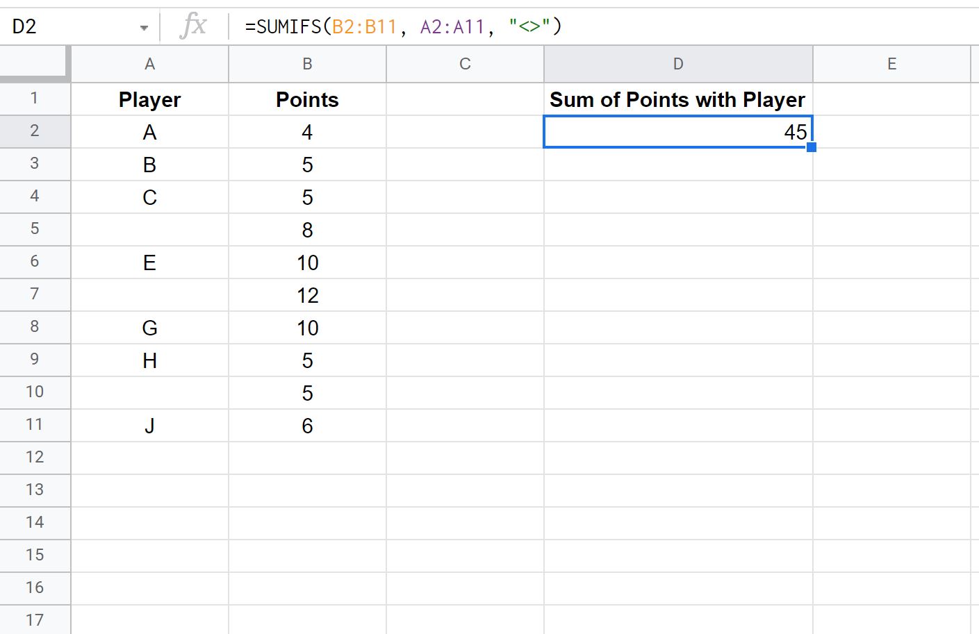 blank2-1 SUMIF not blank in Google Sheets