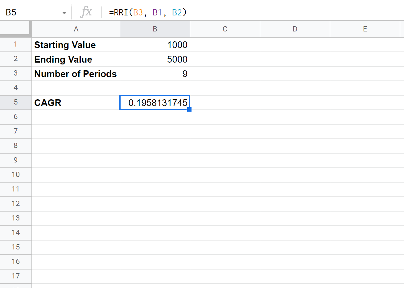 cagr3 RRI function in Google Sheets