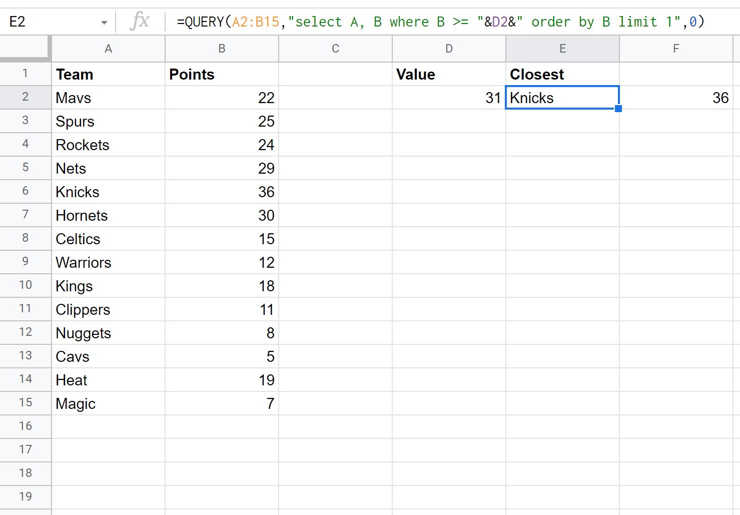close2 Google Sheets find closest value greater than