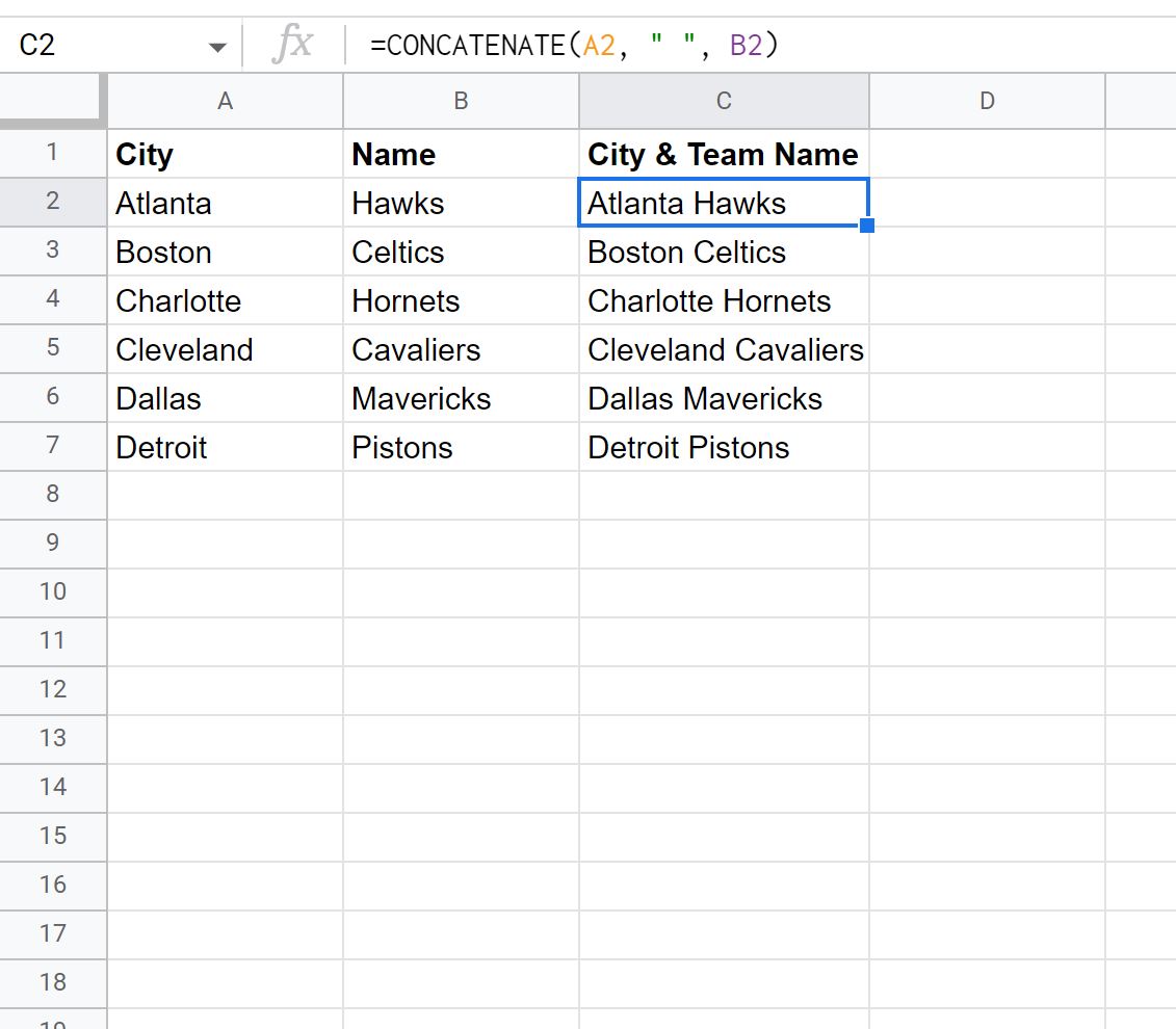 concat3 Google Sheets concatenate with a space