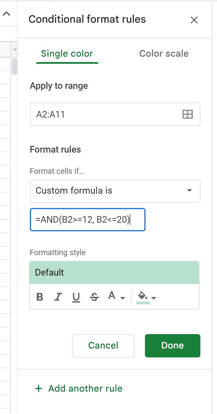condbetween1 Google Sheets conditional formatting between two values