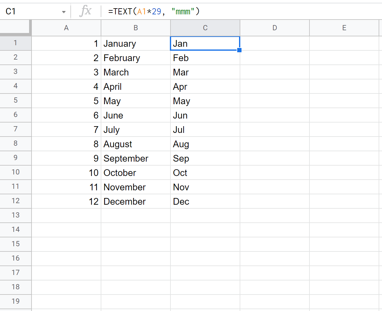 convert2 convert month number to abbreviated month name in Google Sheets