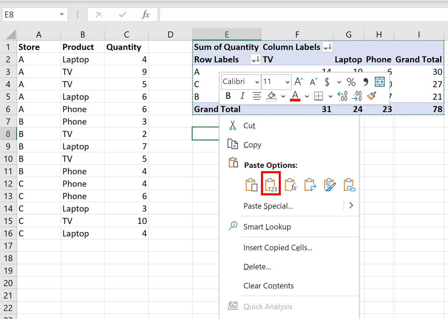 Best way to convert a pivot table to a table in excel