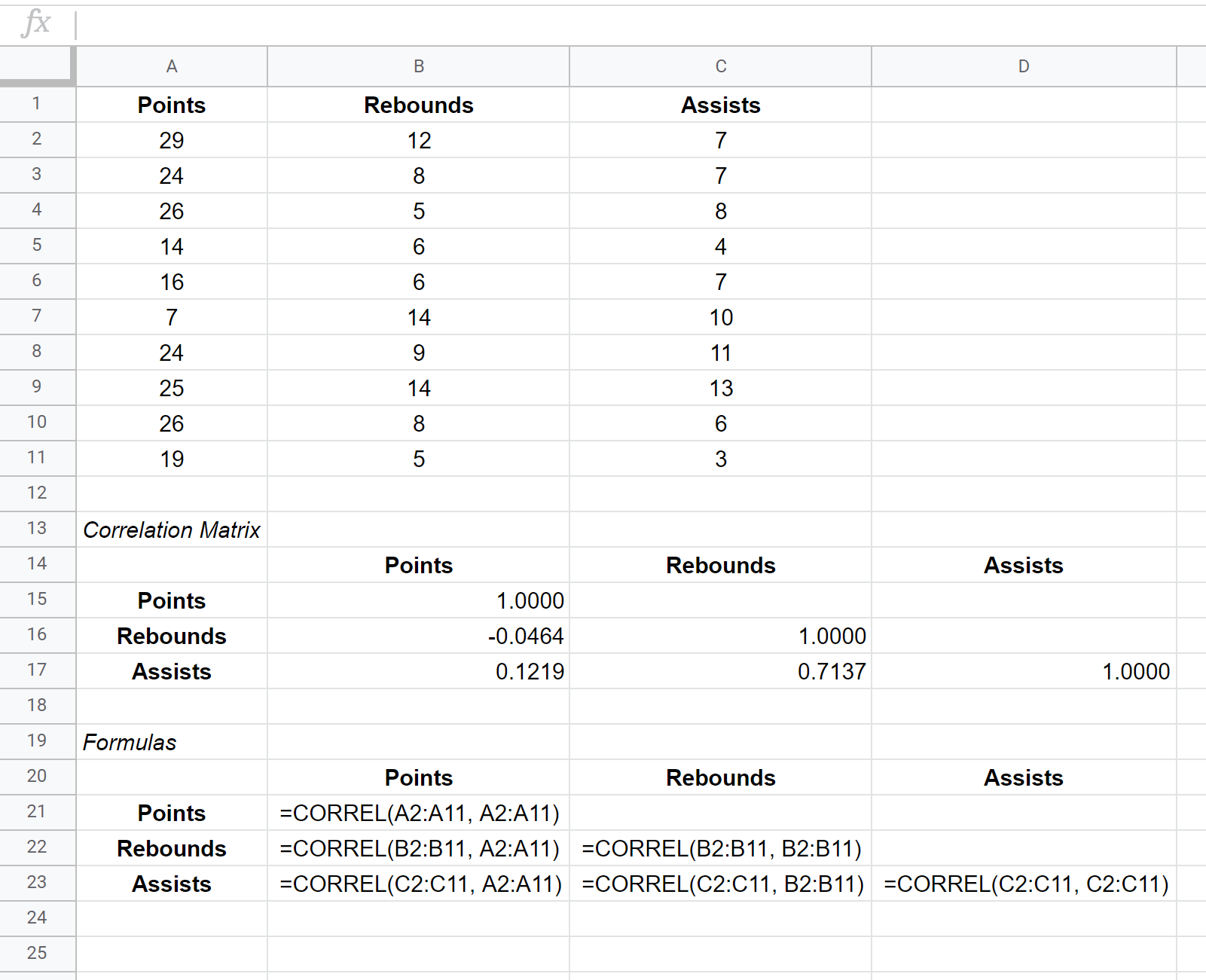 cormatrixsheets1 Correlation matrix in Google Sheets