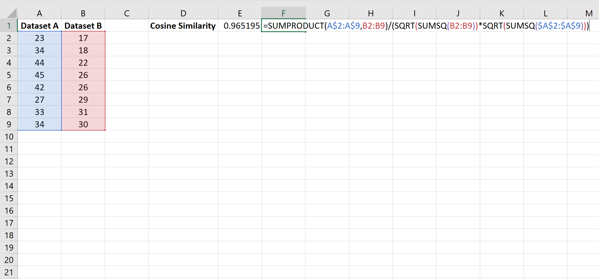 cosine similarity formula in Excel