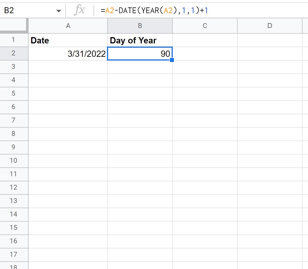 day2 day of year for date in cell in Google Sheets
