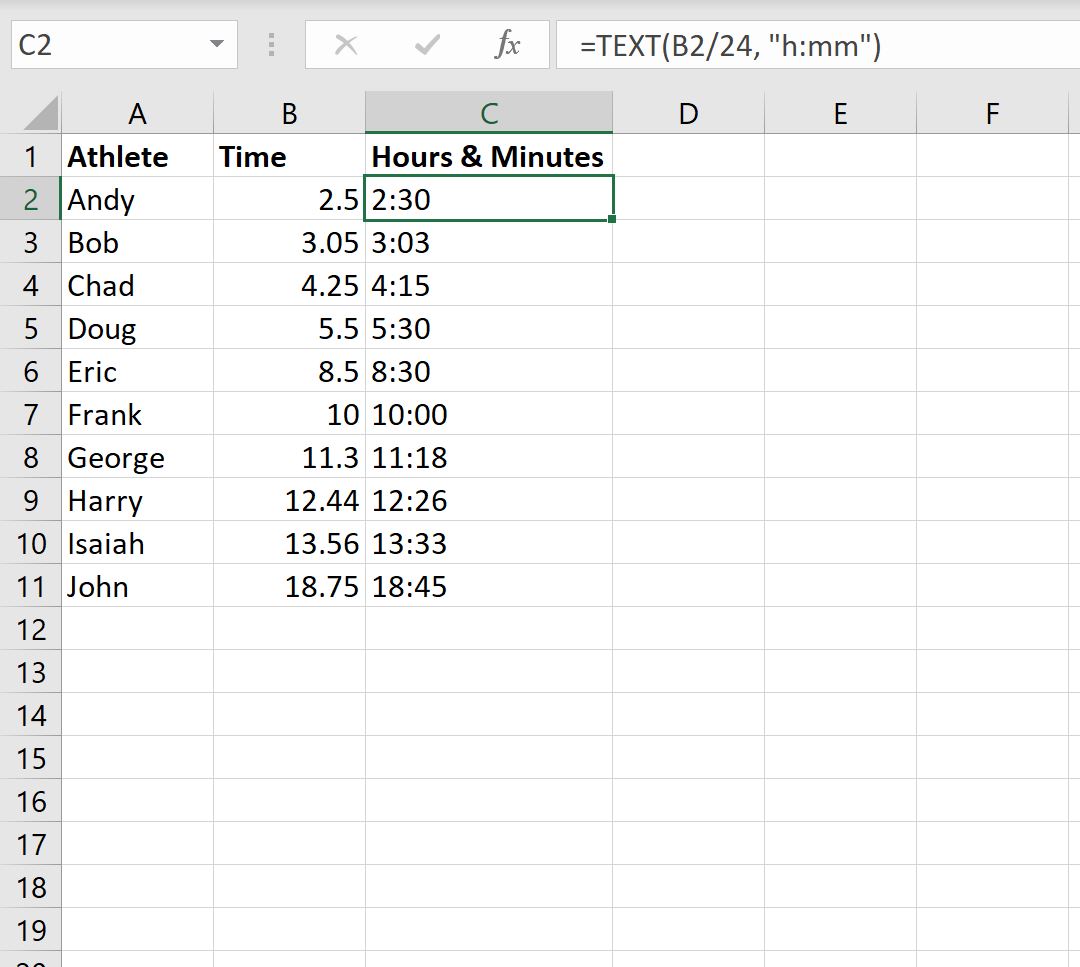 deci2 Excel convert decimal time to hours and minutes