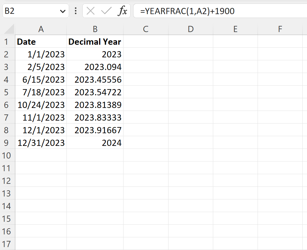 decyear2 Excel convert date to decimal year