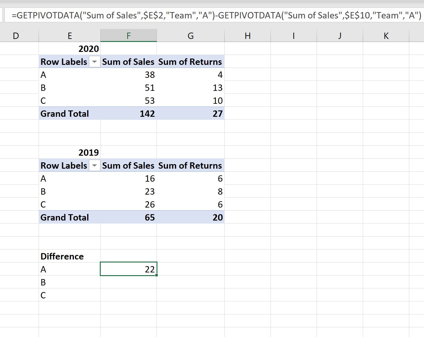 diffpivot2 Excel calculate difference between two pivot tables