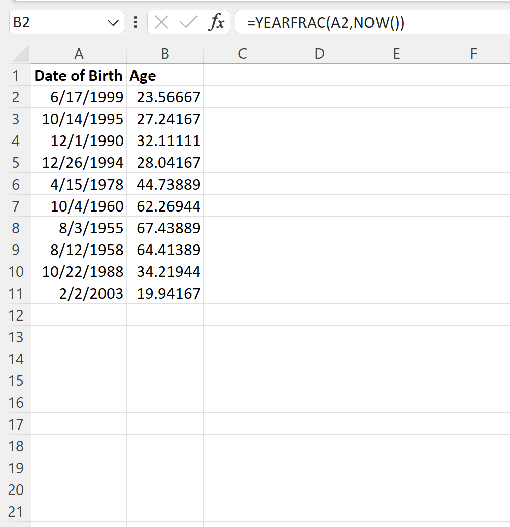 dob3 Excel convert date of birth to age in decimal years