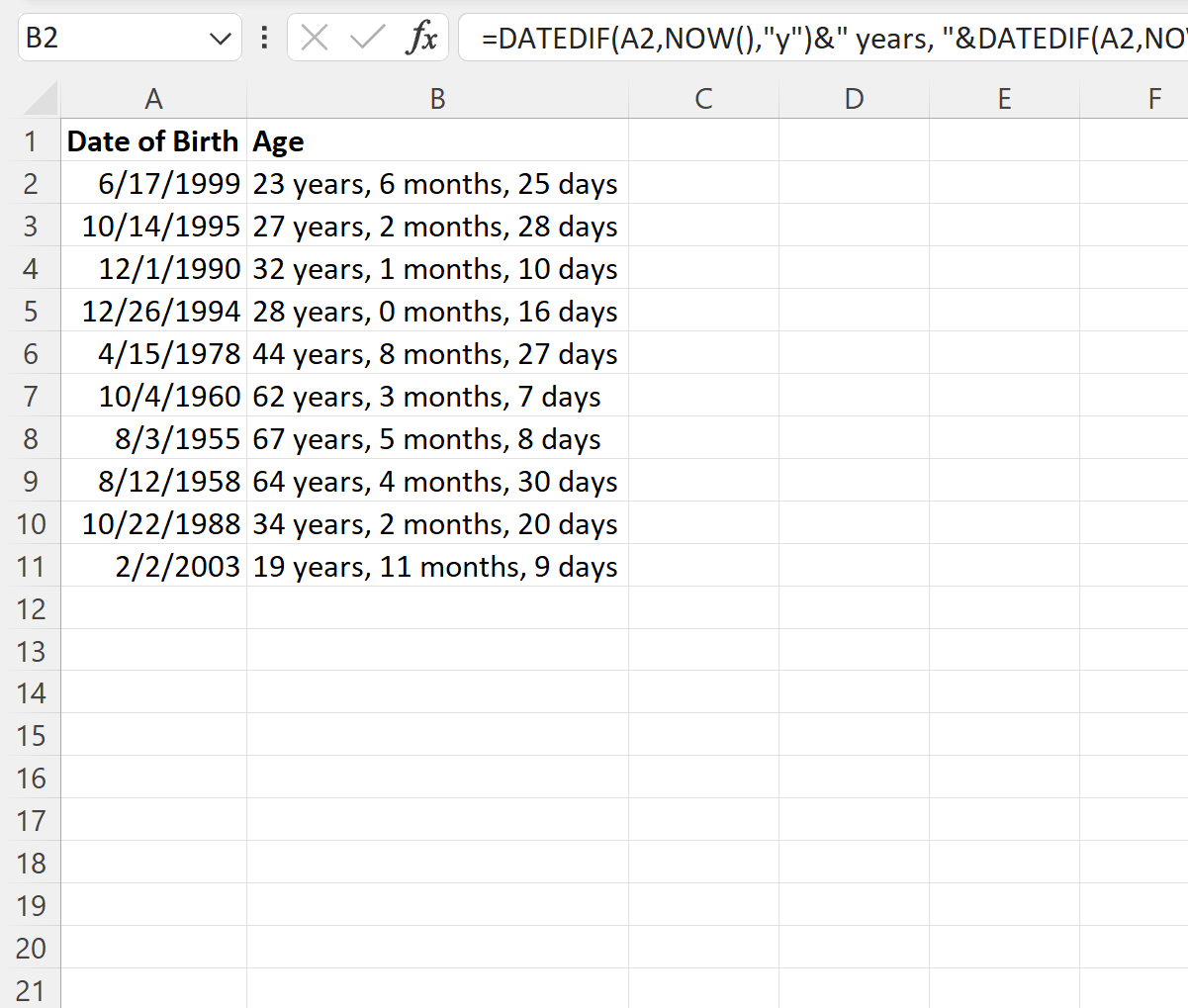 dob4 Excel convert date of birth to age in years, months, and days