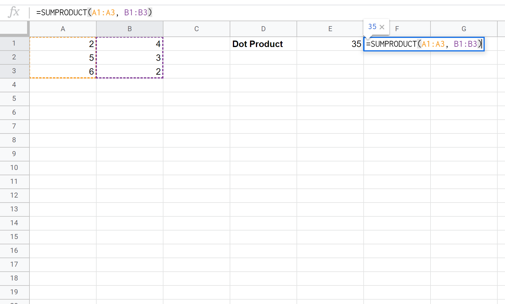 dotprodsheets2 Dot product in Google Sheets