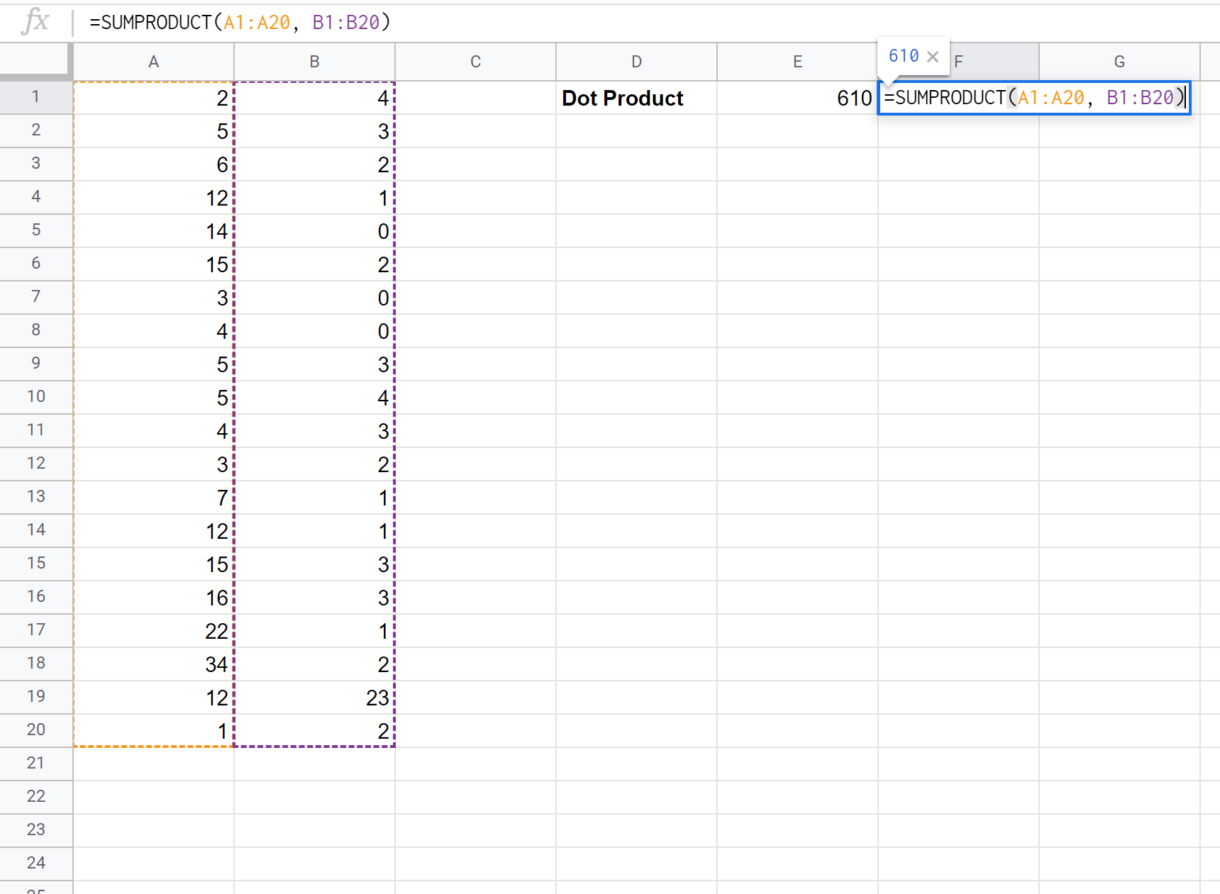 dotprodsheets3 Dot product formula in Google Sheets