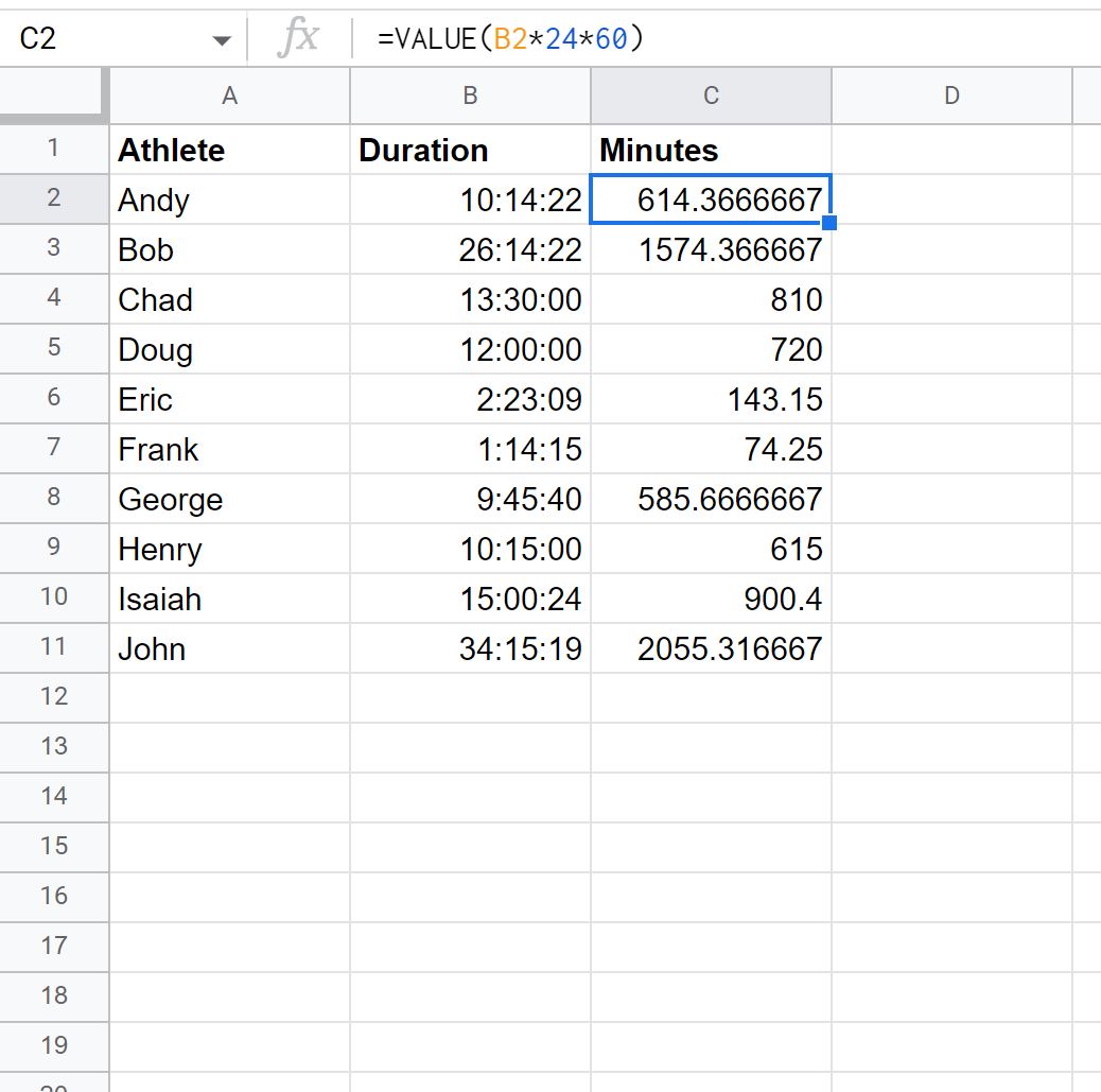 dura4 Google Sheets convert time to minutes