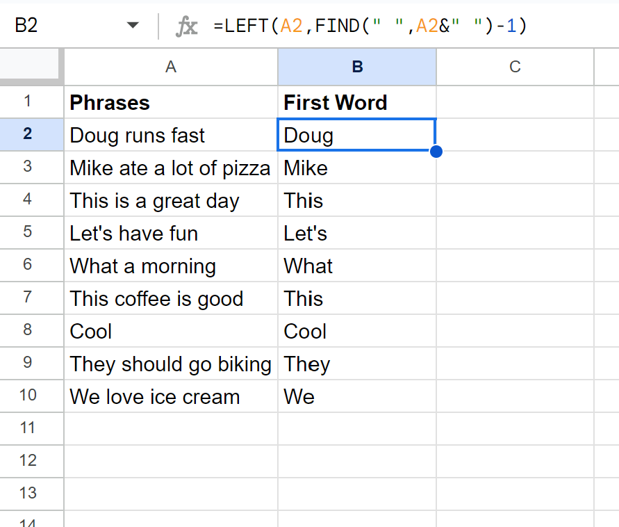 efirst2 Google Sheets extract first word from string