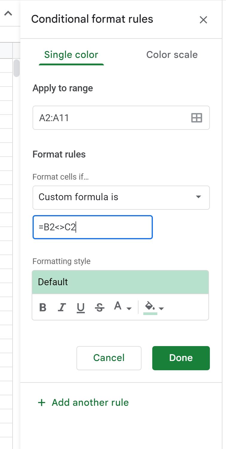 eq3 Google Sheets not equal in conditional formatting