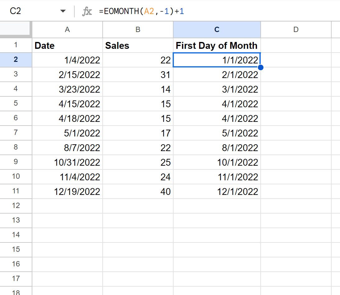 fd13 Google Sheets get first day of month