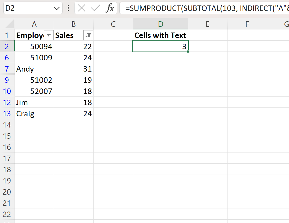 fila4 Excel count filtered cells with text