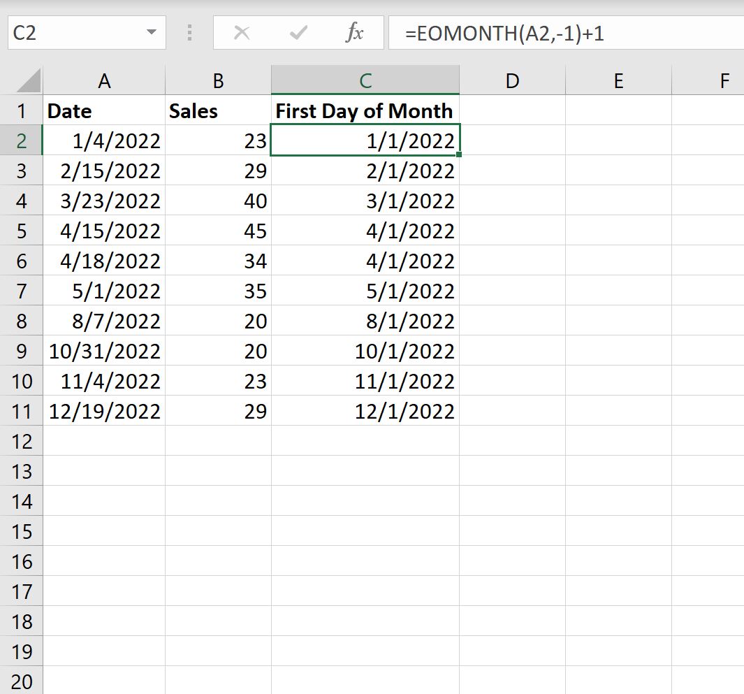 firstday3 Excel get first day of month using EOMONTH() function