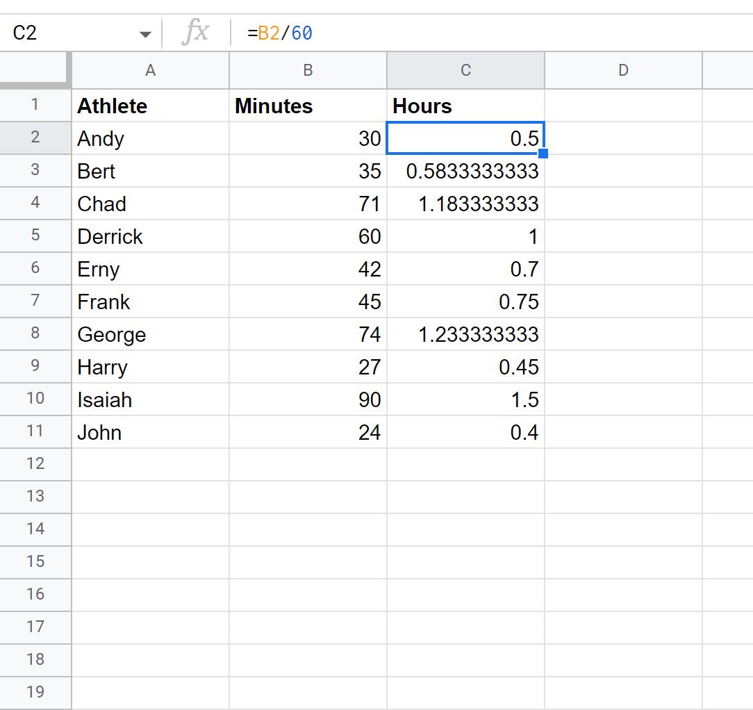 hours2 Google Sheets convert minutes to hours
