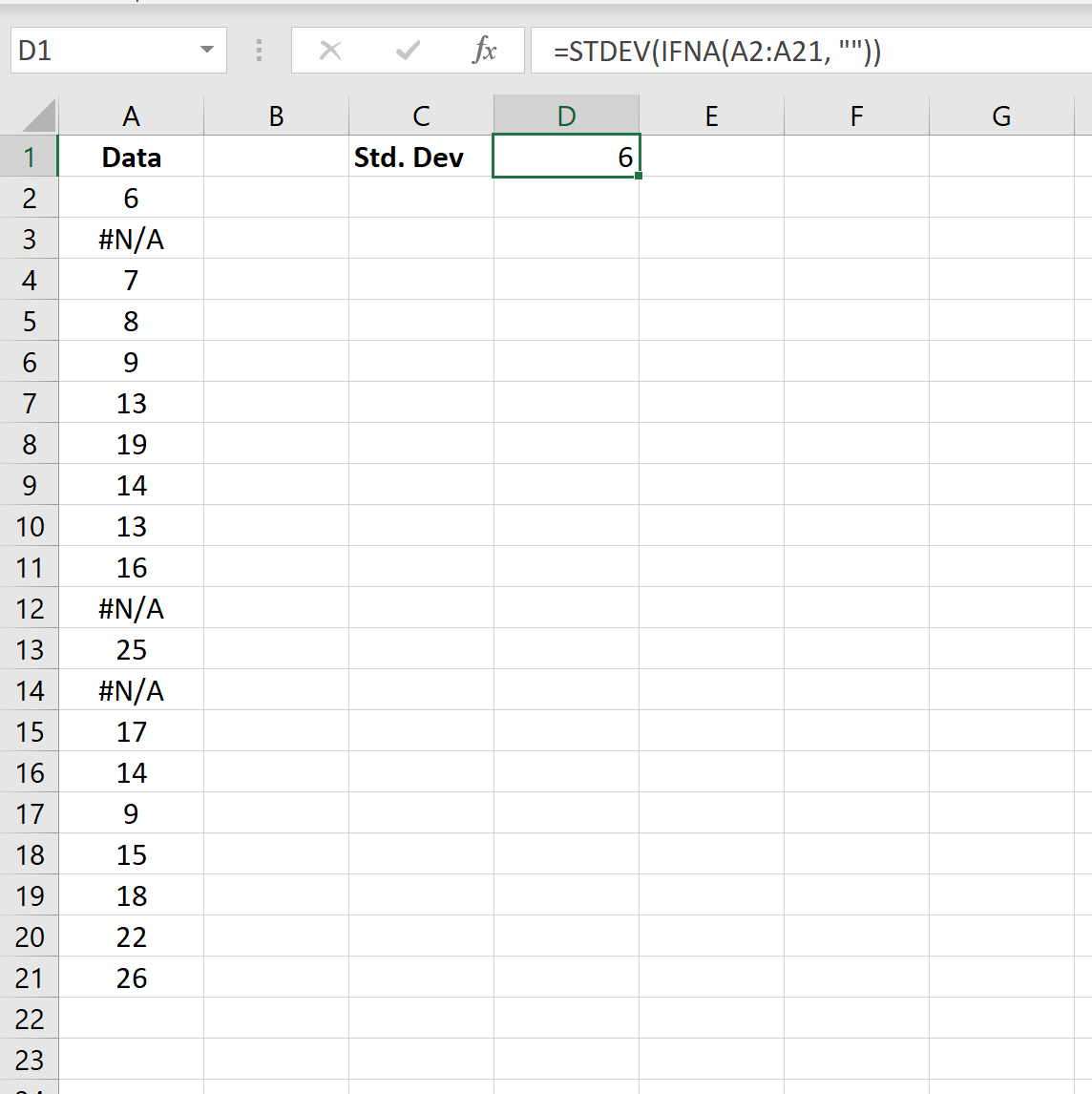 Standard deviation and ignore NA in Excel