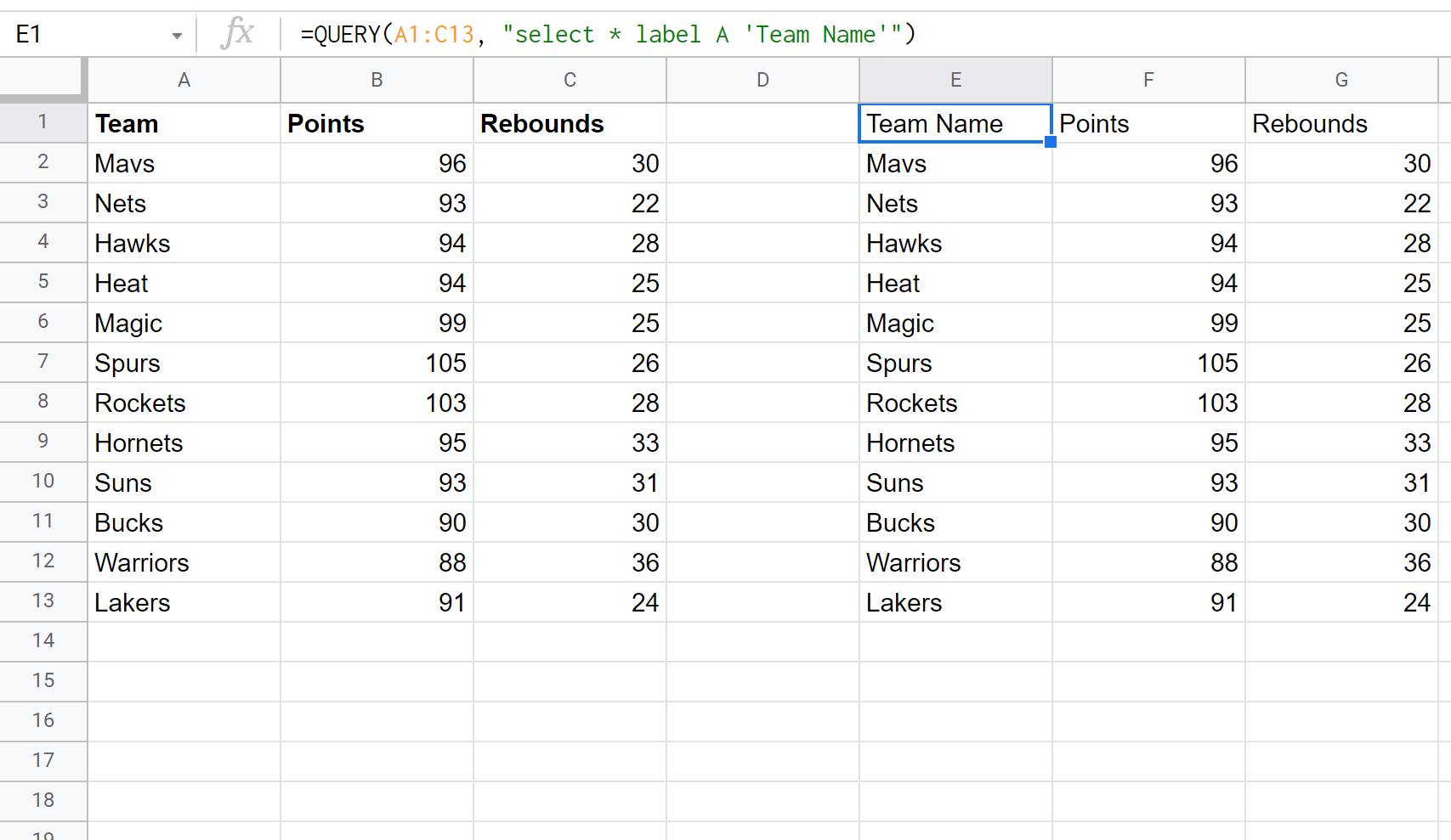 label11 label clause in Google Sheets