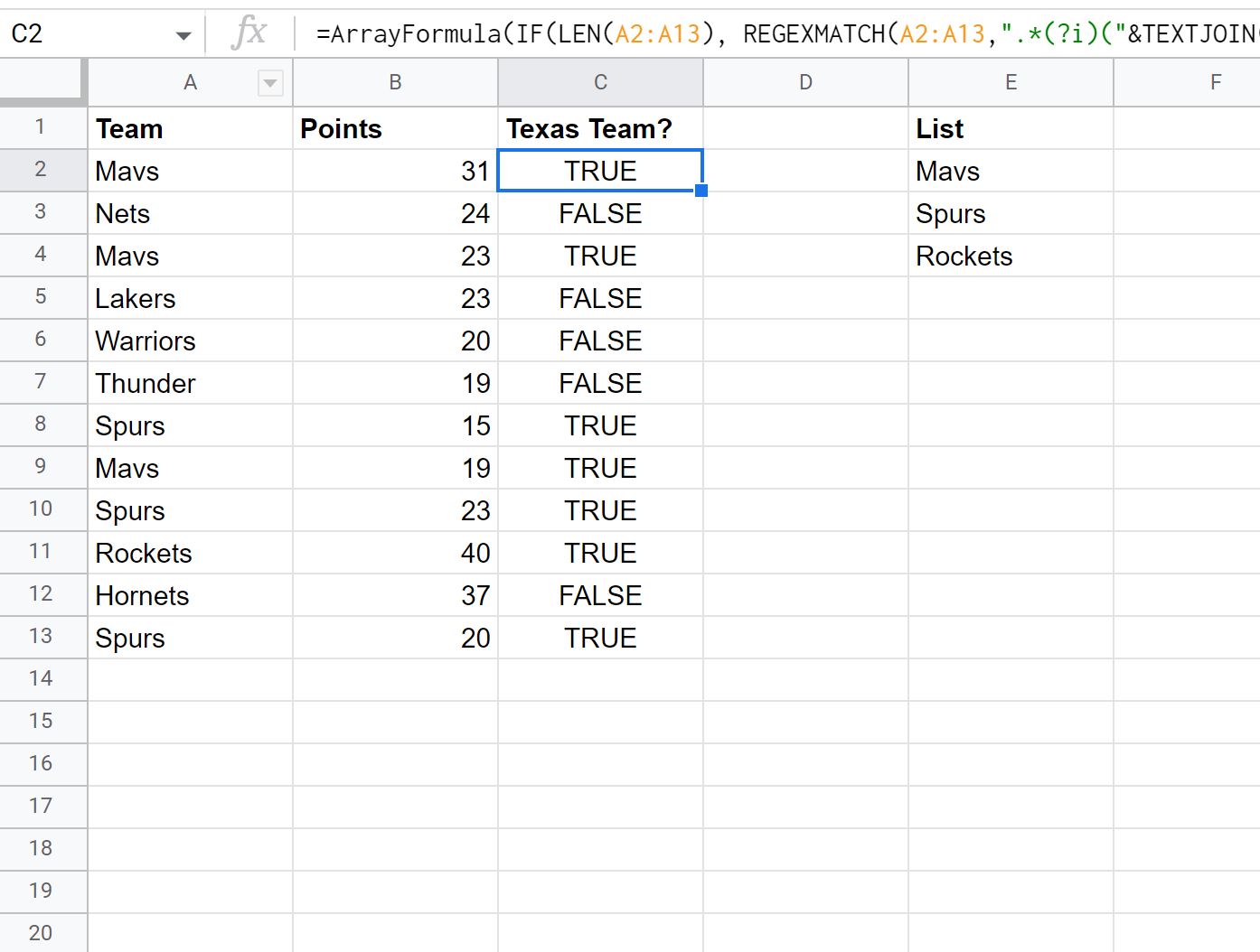 list13 Google Sheets check if cell contains text from list