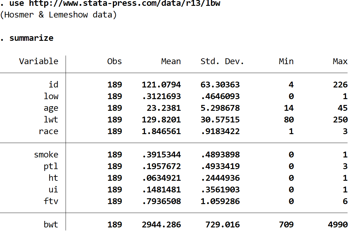 logisticregstata1-1 Low birthweight dataset in Stata