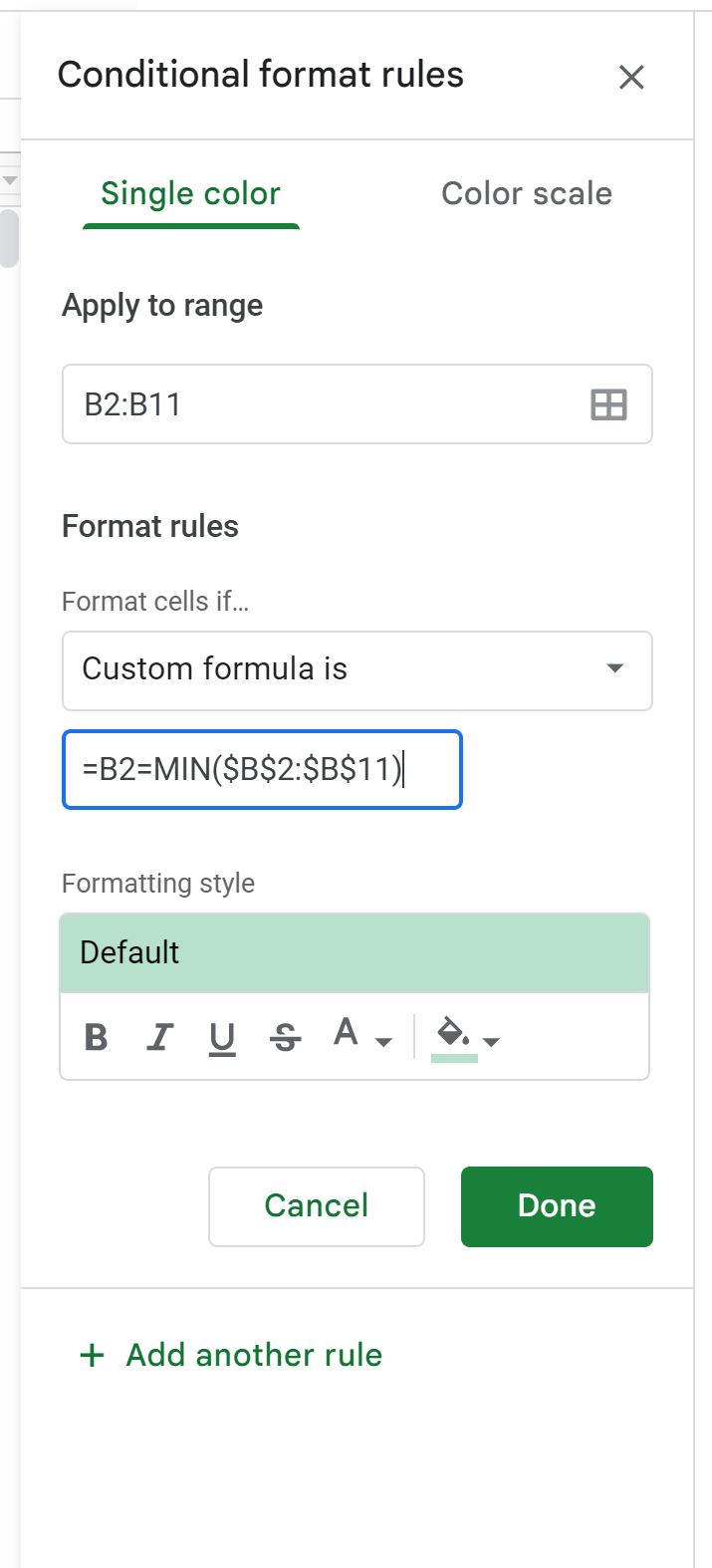 low1 highlight lowest value in Google Sheets